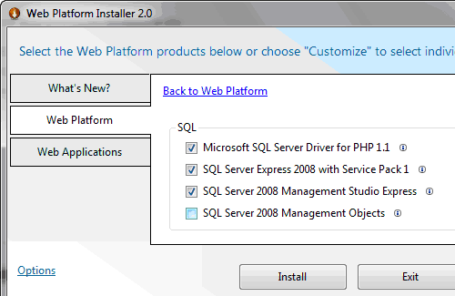 Scelta delle opzioni per installare SQL Server 2008 Express