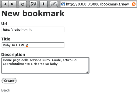 La pagina di creazione di un nuovo bookmark