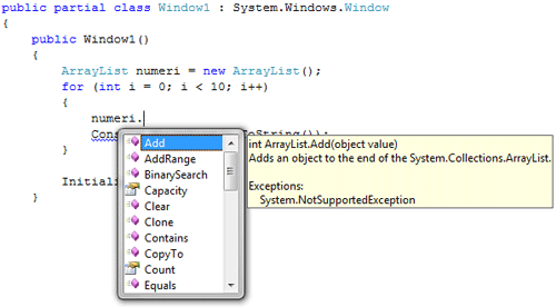 Esempio di Intellisense