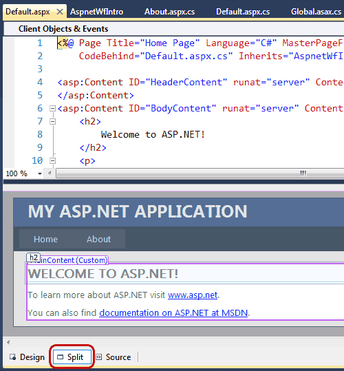 Editor di pagine asp.net, visualizzazione splittata