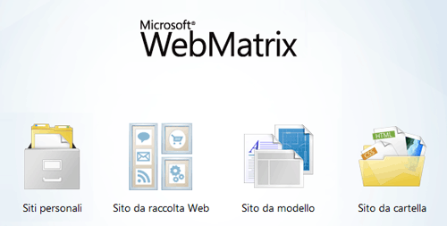 Schermata di avvio di WebMatrix