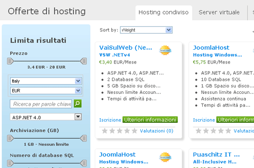 Gli hosting disponibili